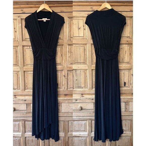 Maeve Anthropologie Small Dress Black Maxi V-Neck‎ Low Cut Cinching Slit - Picture 1 of 10